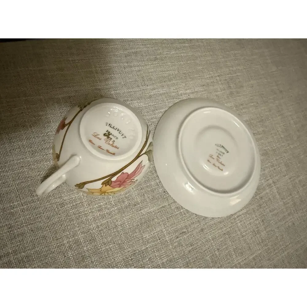 🌸 Vintage Les Volutes Pillivuyt France Cup & Saucer – Floral Yellow/Pink China
